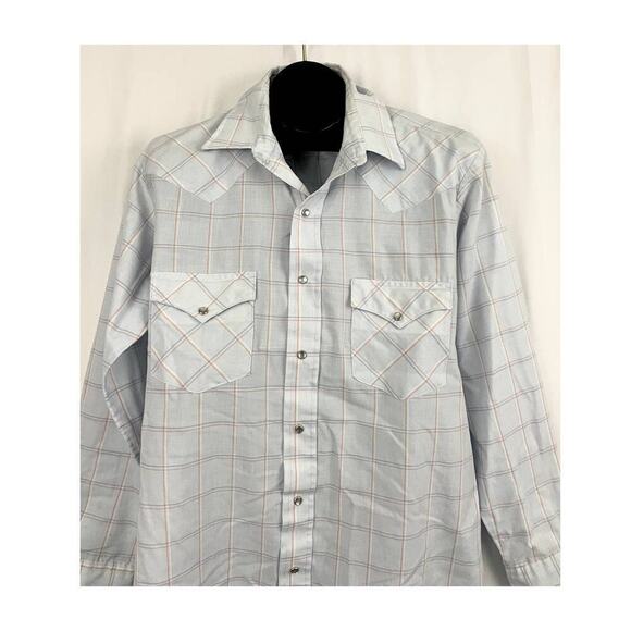 VTG Karman Light Blue Western Button Down Shirt 16 1/2 Pearl Snap Sz 34 - Picture 15 of 16